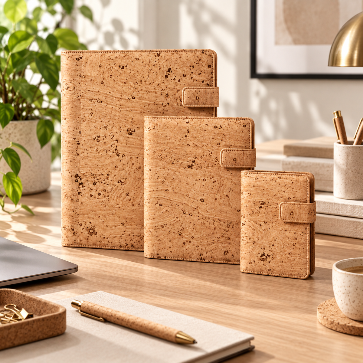 A4, A5 and A6 Natural Cork Portfolios in a premium workspace
