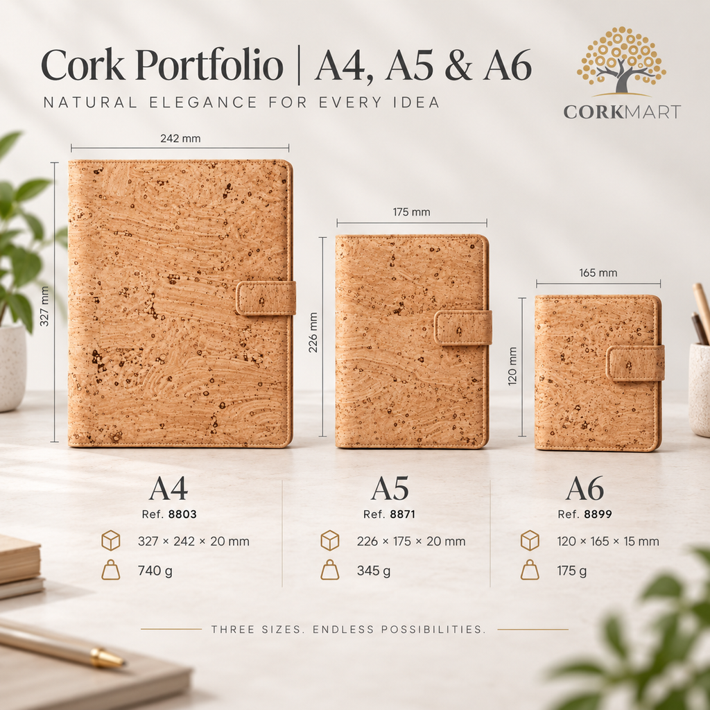 CorkMart infographic with A4, A5 and A6 Natural Cork Portfolio dimensions and weights