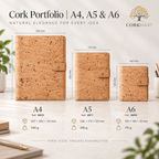 CorkMart infographic with A4, A5 and A6 Natural Cork Portfolio dimensions and weights