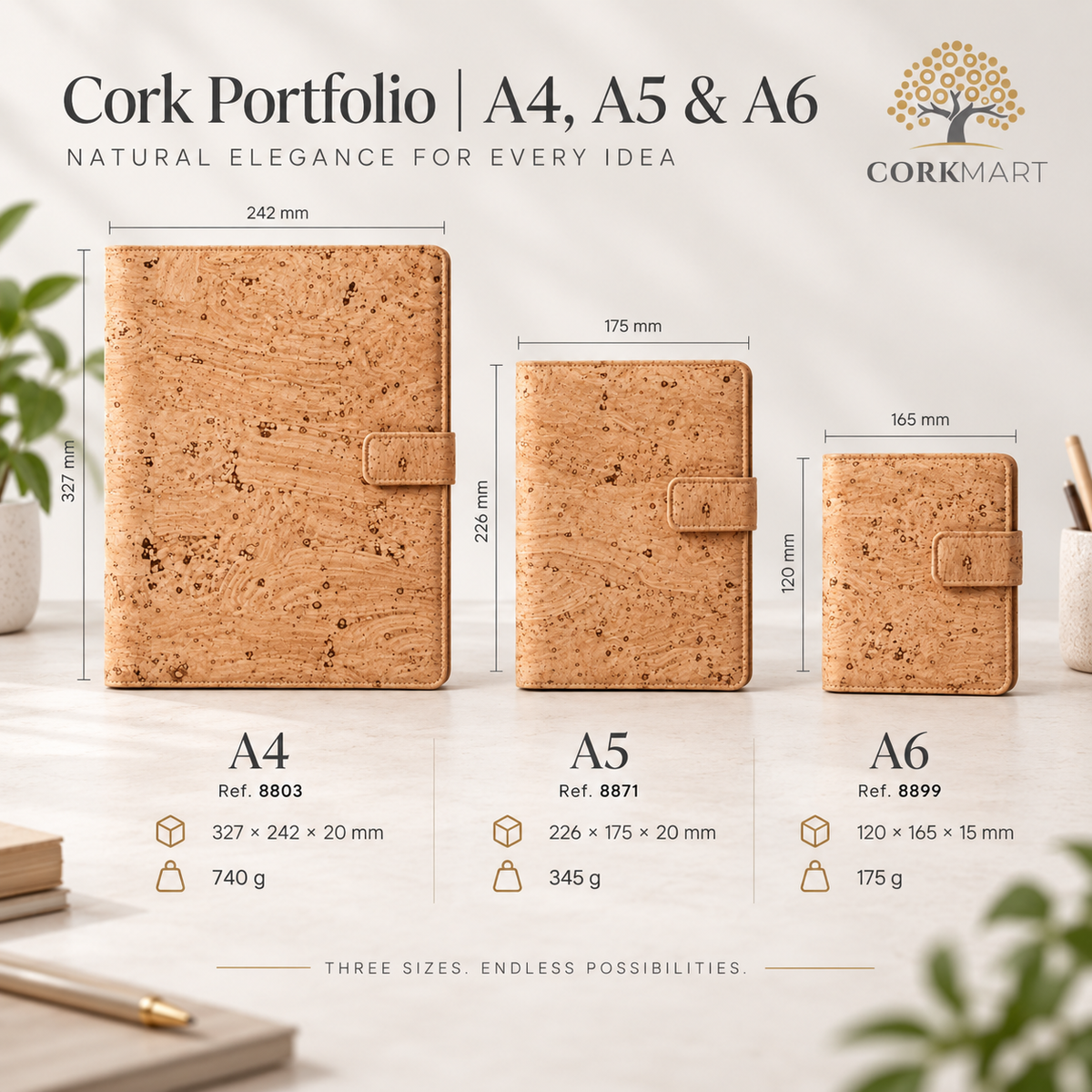 CorkMart infographic with A4, A5 and A6 Natural Cork Portfolio dimensions and weights