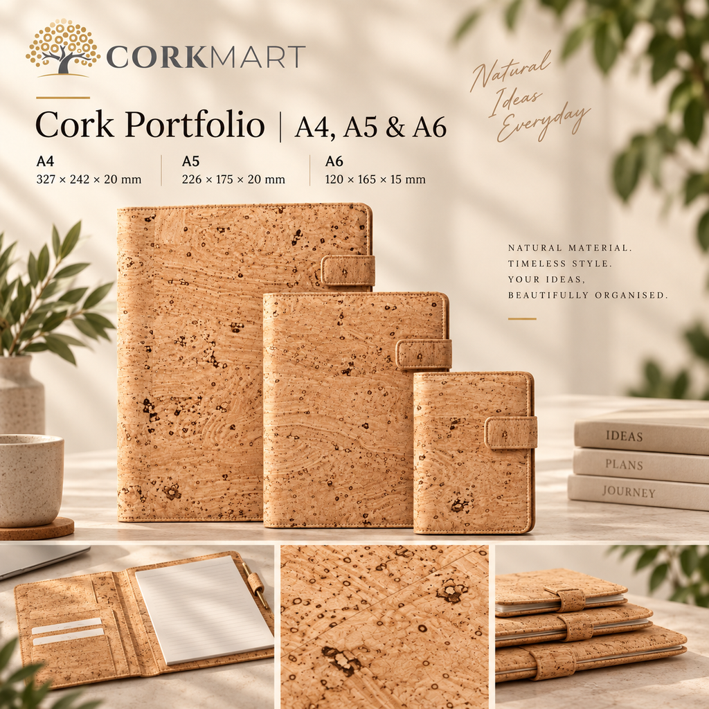 CorkMart editorial collage for Natural Cork Portfolio in A4, A5 and A6