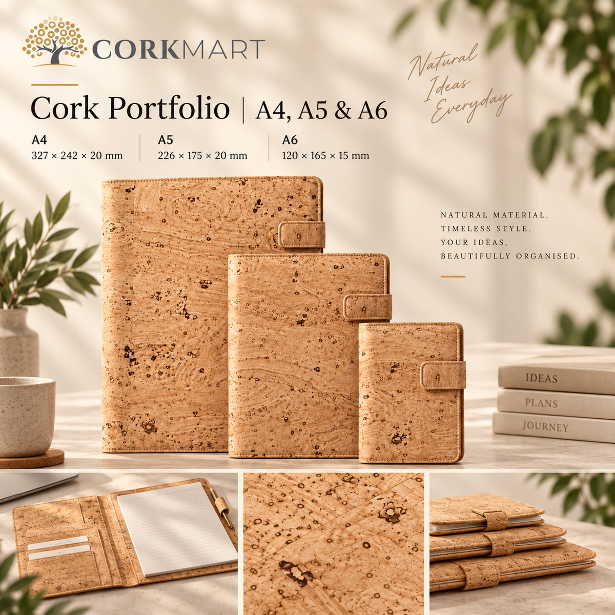 CorkMart editorial collage for Natural Cork Portfolio in A4, A5 and A6