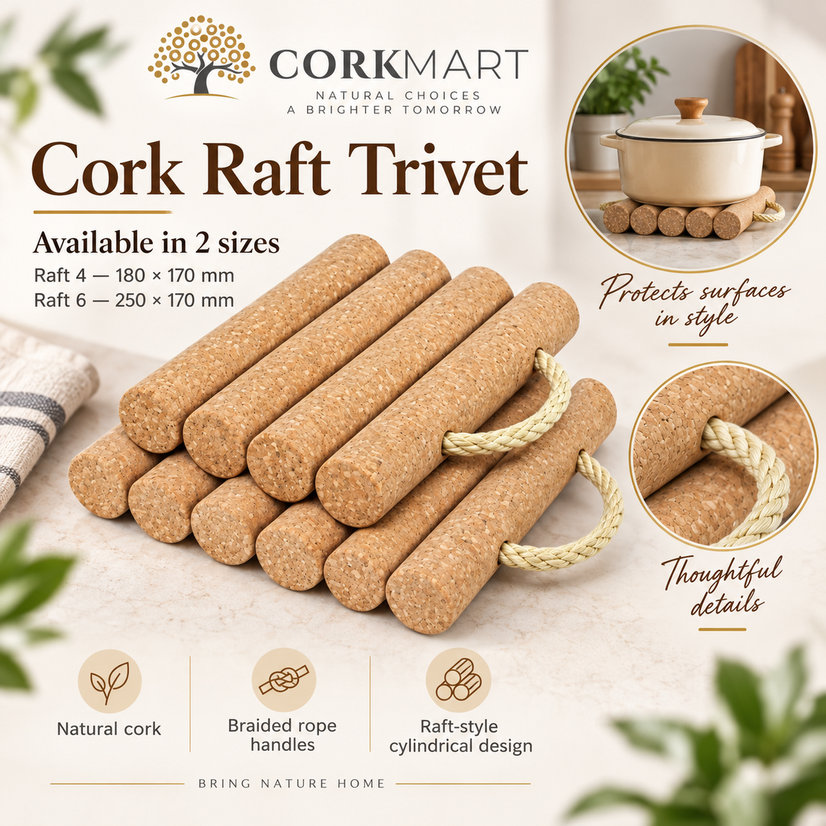 Cork Raft Trivet product collage with sizes and material details