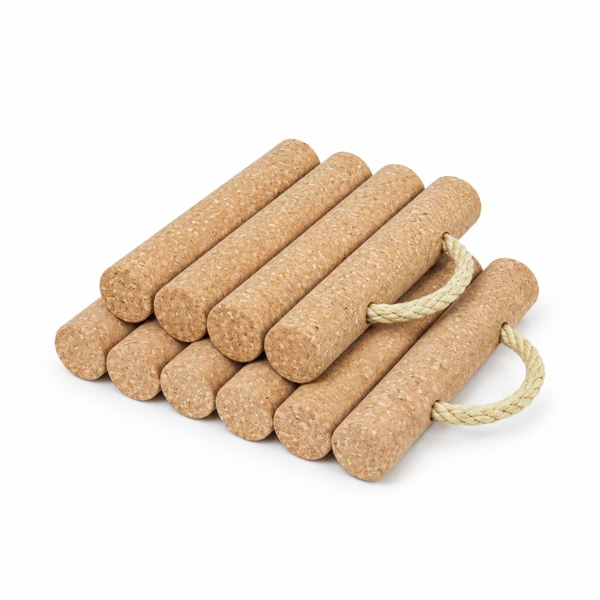Cork Raft Trivet in natural cork with braided rope handles