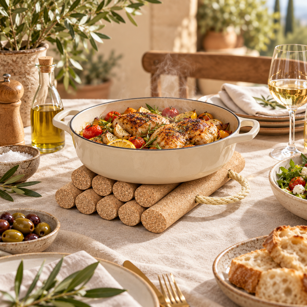Cork Raft Trivet in a warm Mediterranean dining setting