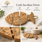 Cork Sea Bass Trivet product collage with dimensions and material