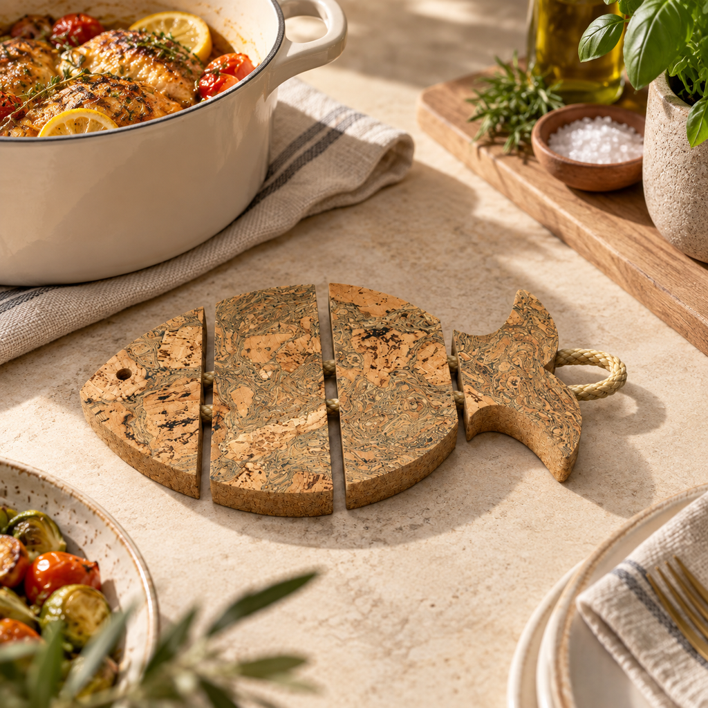 Cork Sea Bass Trivet styled in a warm kitchen setting