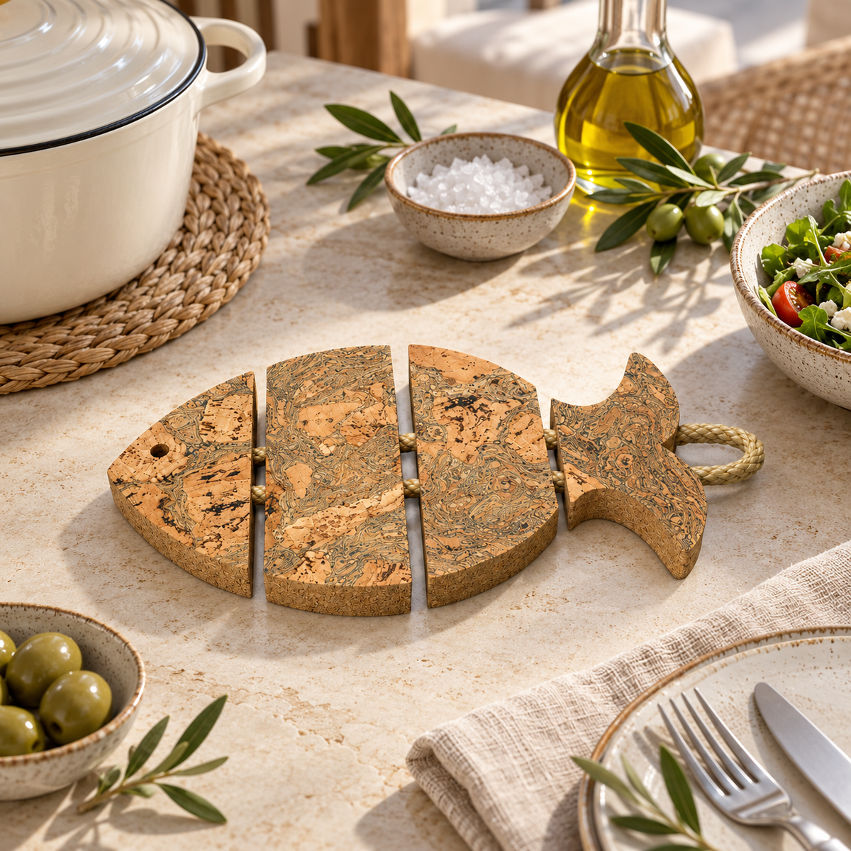 Cork Sea Bass Trivet in a Mediterranean table setting
