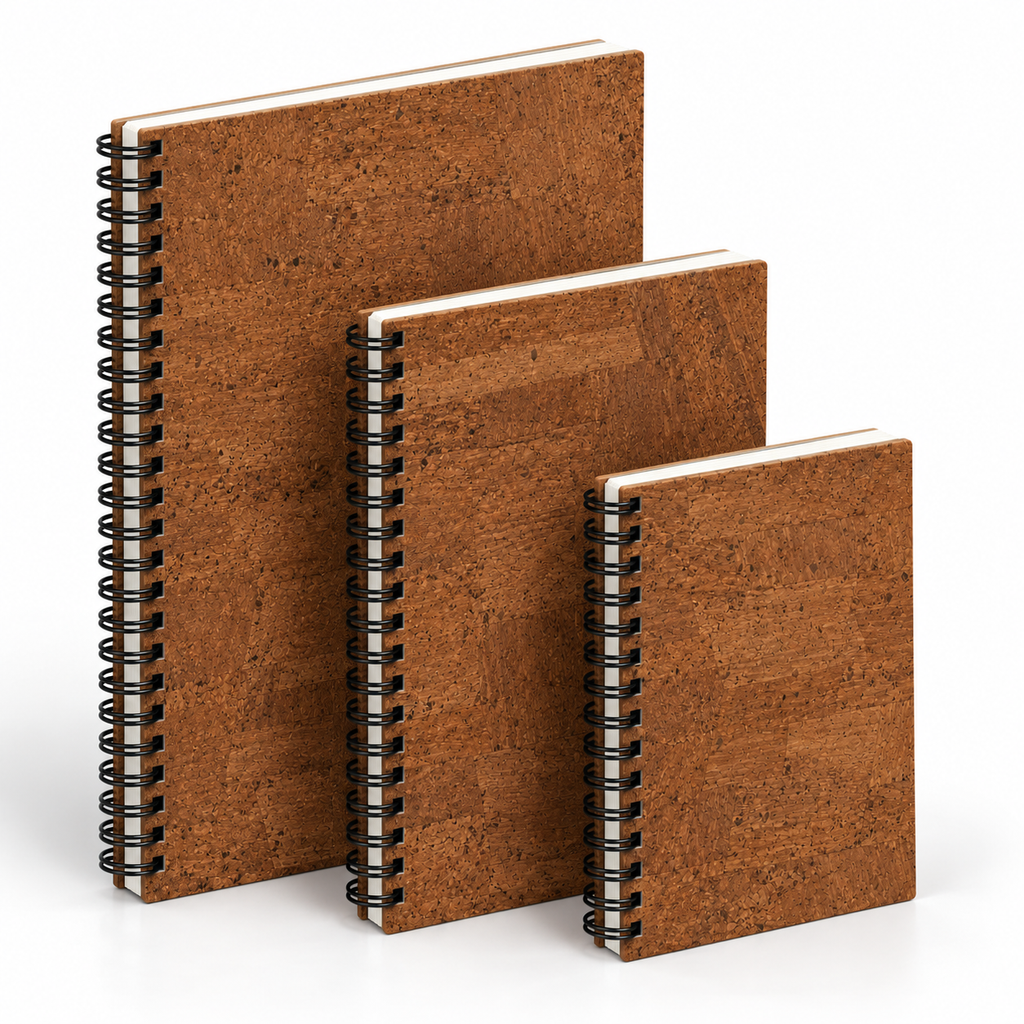 Cork Spiral Notebook | Brown Finish — A4, A5 and A6 angled view