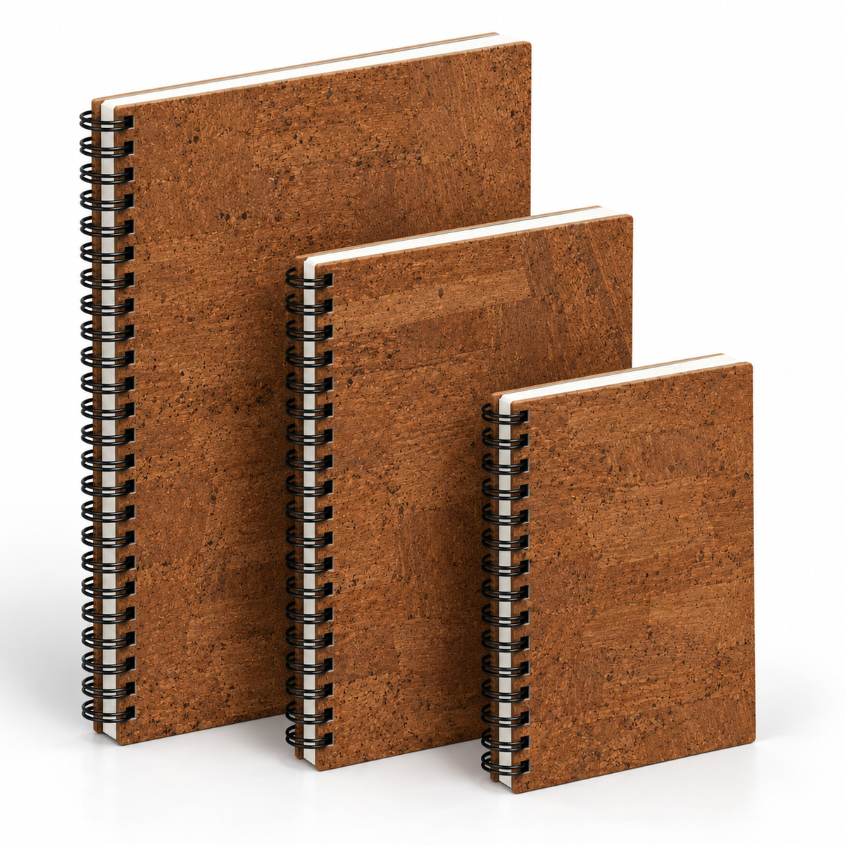 Cork Spiral Notebook | Brown Finish — A4, A5 and A6 angled view