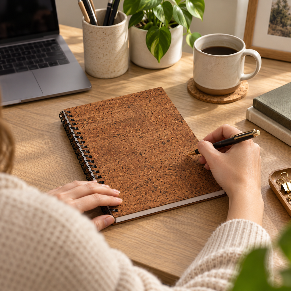 Cork Spiral Notebook | Brown Finish — notebook in use for writing at a desk