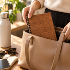 Cork Spiral Notebook | Brown Finish — compact notebook being placed in a bag