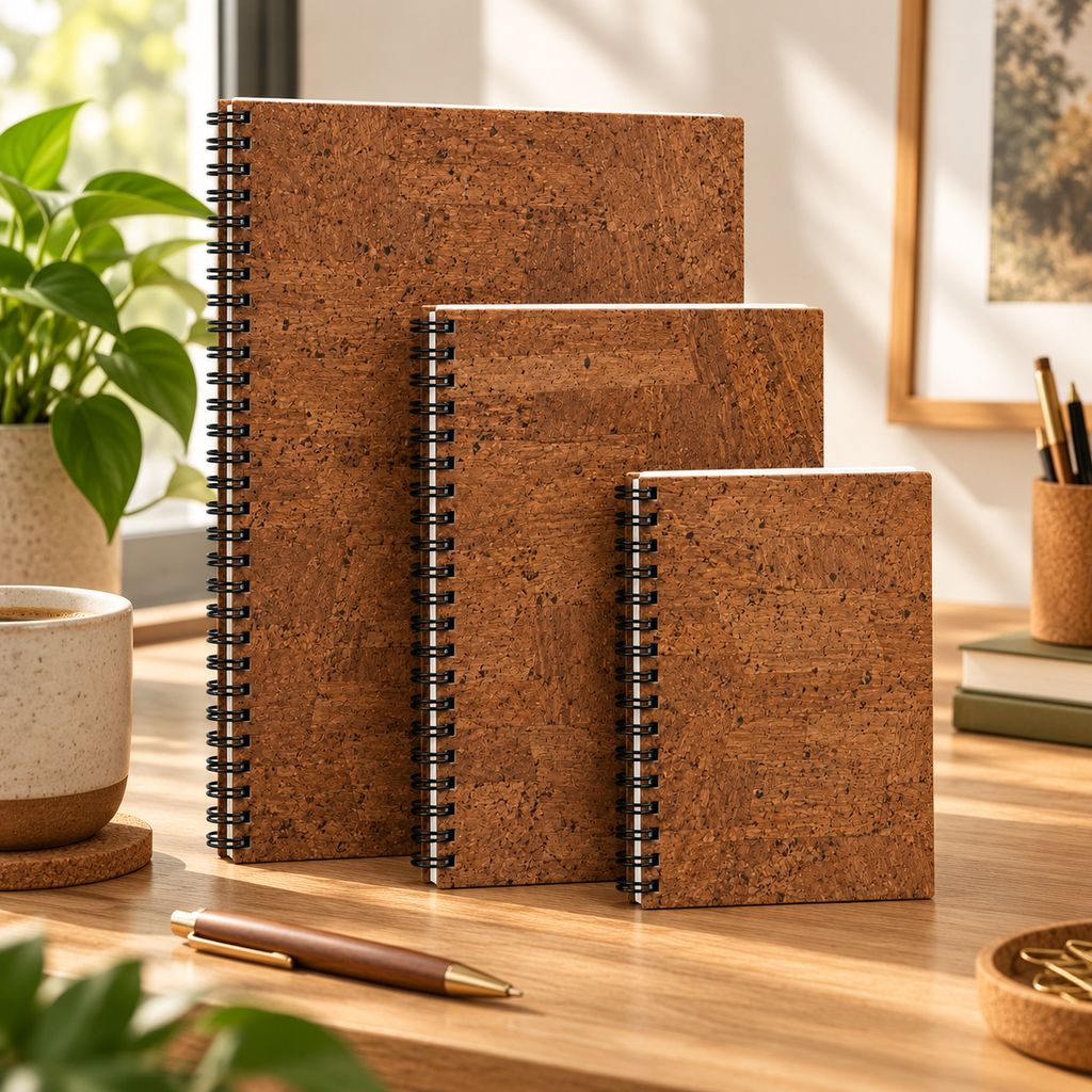 Cork Spiral Notebook | Brown Finish — A4, A5 and A6 in a warm lifestyle setting