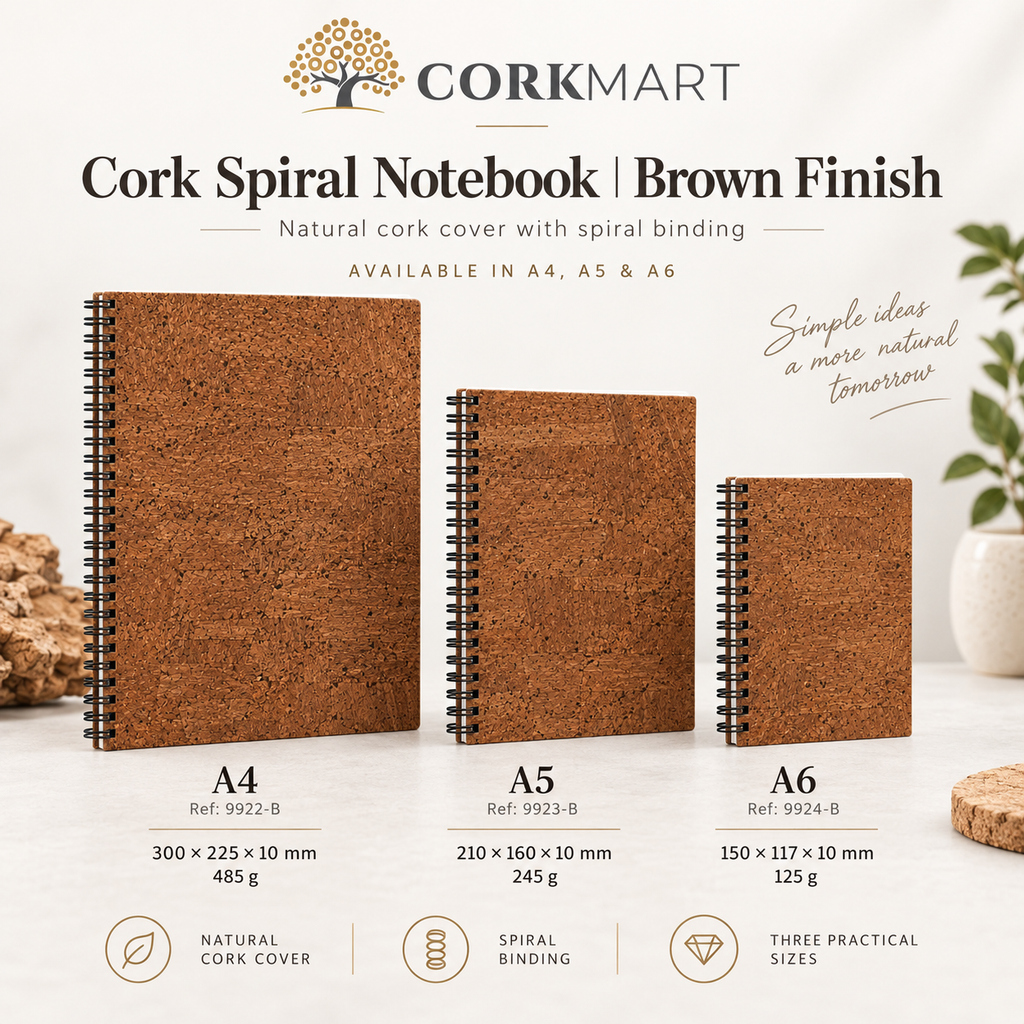 CorkMart infographic for Cork Spiral Notebook | Brown Finish — A4, A5 and A6 dimensions and weights