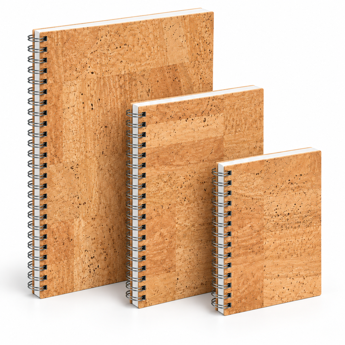 Cork Spiral Notebook | Natural Finish — A4, A5 and A6 angled view