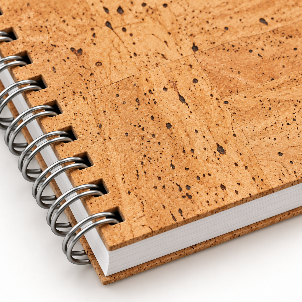 Cork Spiral Notebook | Natural Finish — macro detail of cork cover and metal spiral binding