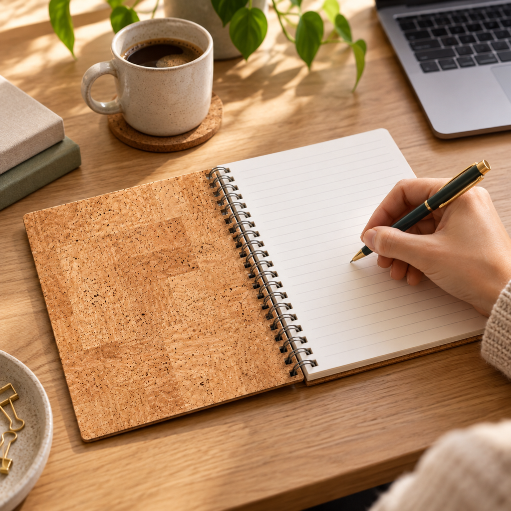 Cork Spiral Notebook | Natural Finish — notebook in use for writing at a desk