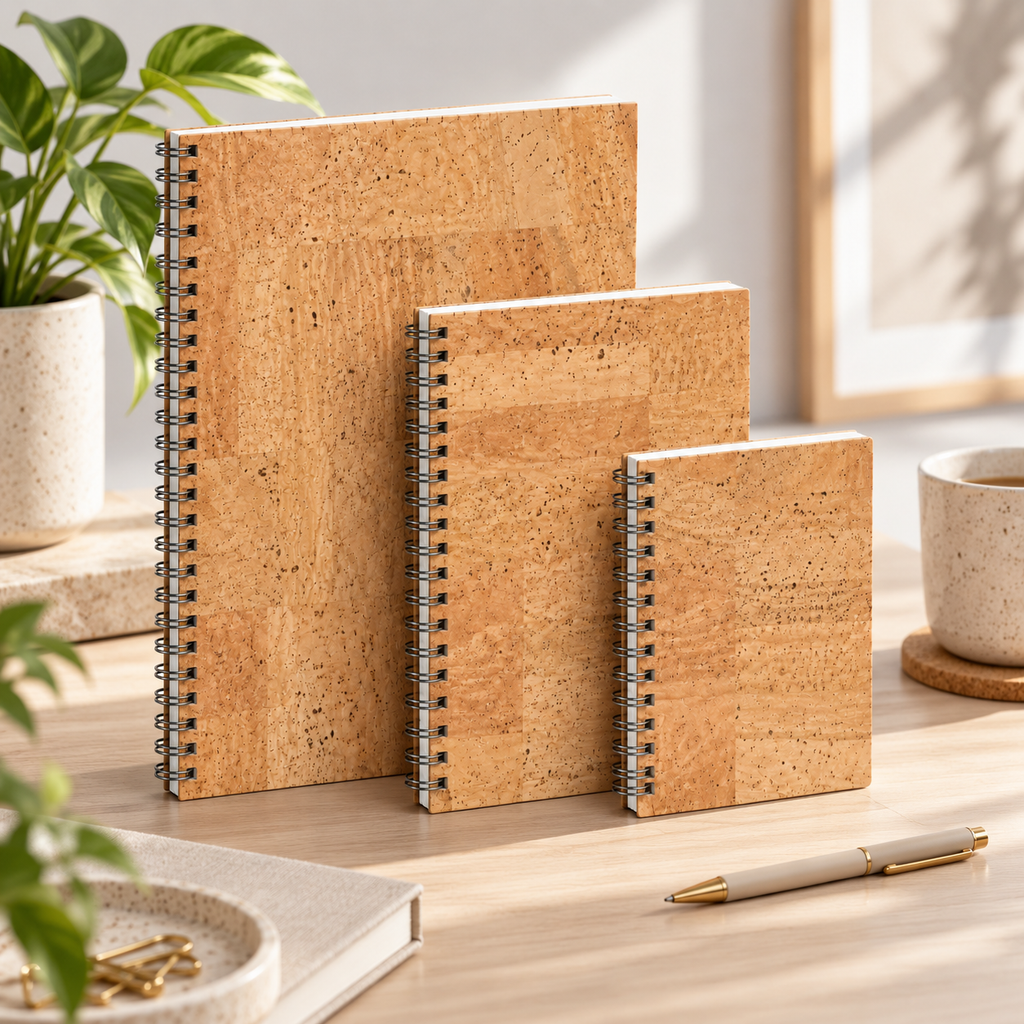 Cork Spiral Notebook | Natural Finish — A4, A5 and A6 in a warm lifestyle setting