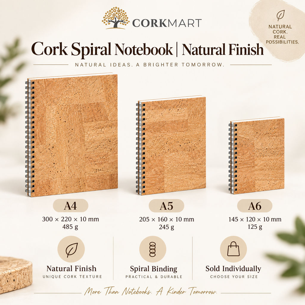 CorkMart infographic for Cork Spiral Notebook | Natural Finish — A4, A5 and A6 dimensions and weights