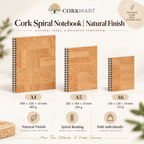 CorkMart infographic for Cork Spiral Notebook | Natural Finish — A4, A5 and A6 dimensions and weights