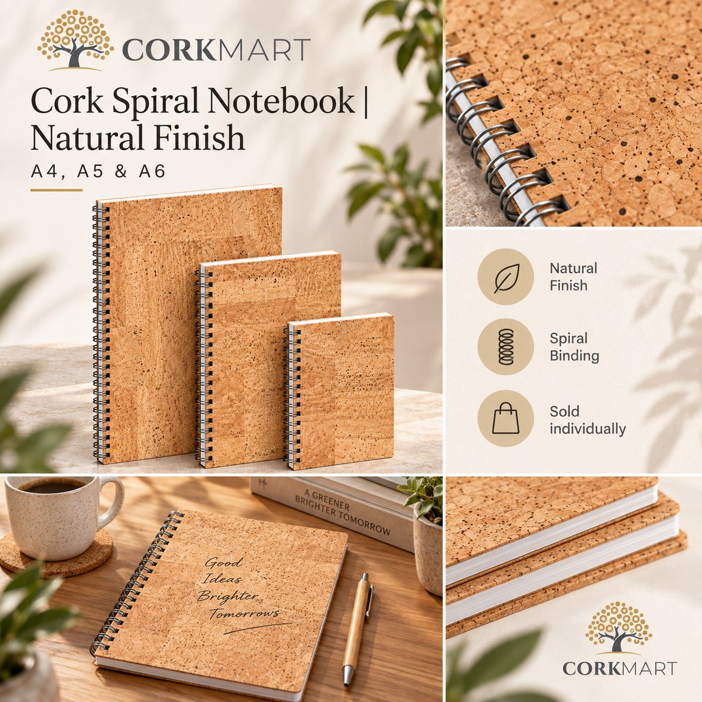 CorkMart editorial collage for Cork Spiral Notebook | Natural Finish