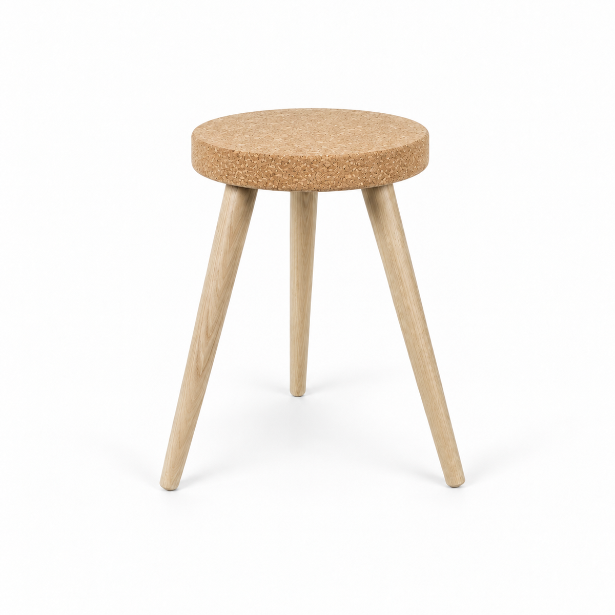 Cork Stool with 3 Wooden Legs, angled studio view showing round cork seat and three light wooden legs