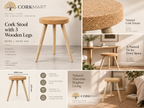 Cork Stool with 3 Wooden Legs editorial collage with official CorkMart logo, real use, cork texture and dimensions