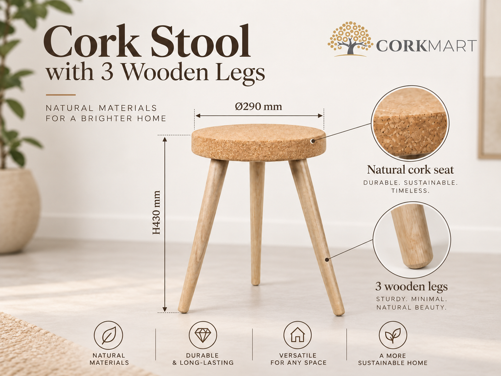 Cork Stool with 3 Wooden Legs infographic with official CorkMart logo, Ø290 × H430 mm dimensions, natural cork seat and three wooden legs