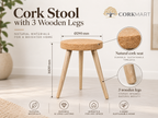 Cork Stool with 3 Wooden Legs infographic with official CorkMart logo, Ø290 × H430 mm dimensions, natural cork seat and three wooden legs