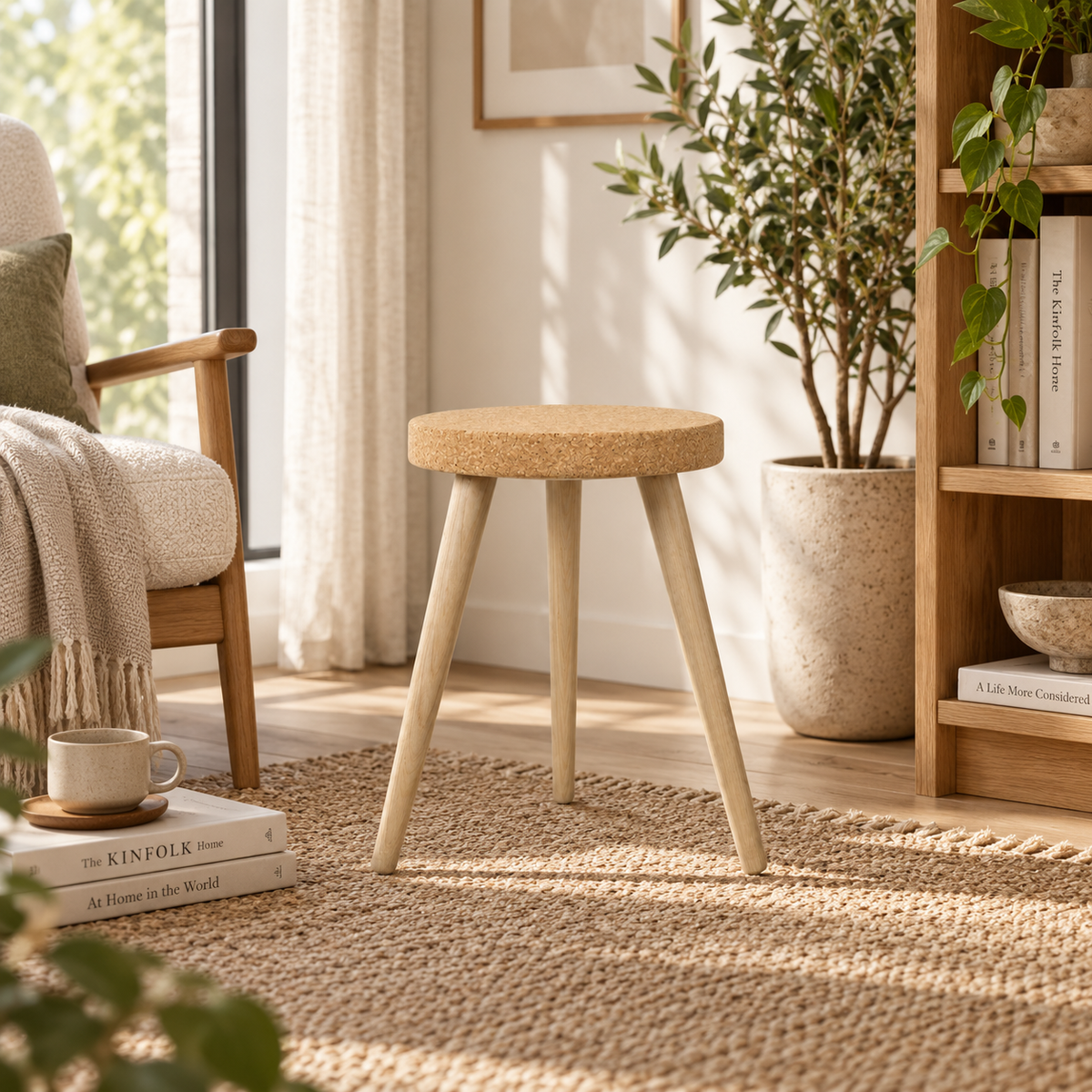 Cork Stool with 3 Wooden Legs in a warm Scandinavian-inspired interior
