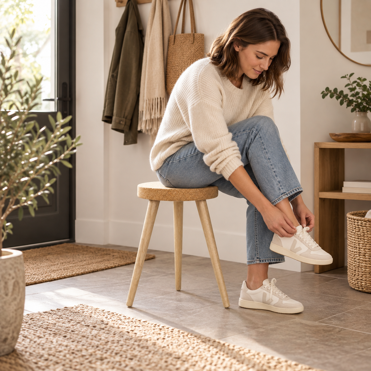 Cork Stool with 3 Wooden Legs used as practical seating in a bright entryway