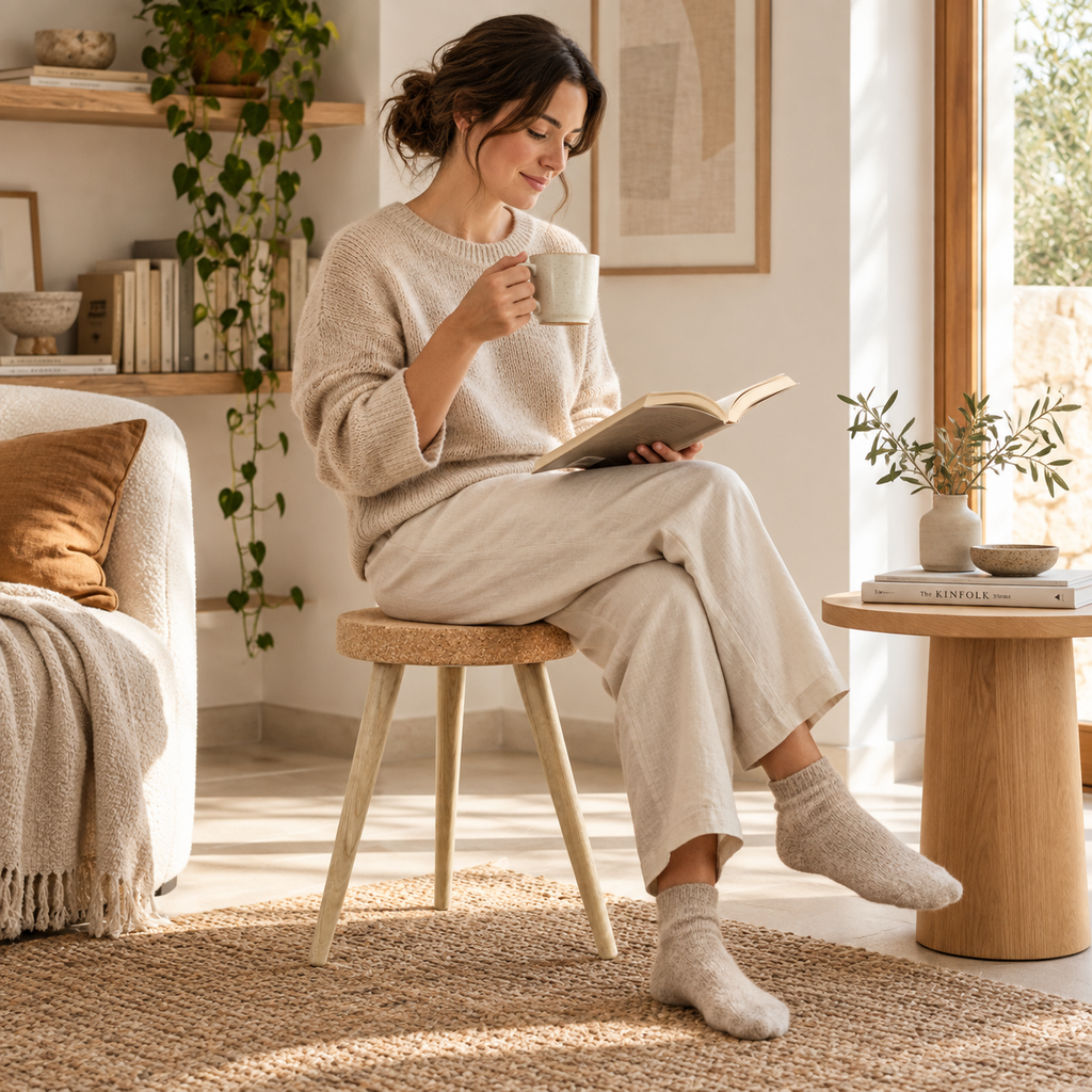 Cork Stool with 3 Wooden Legs used as reading seating in a warm living room
