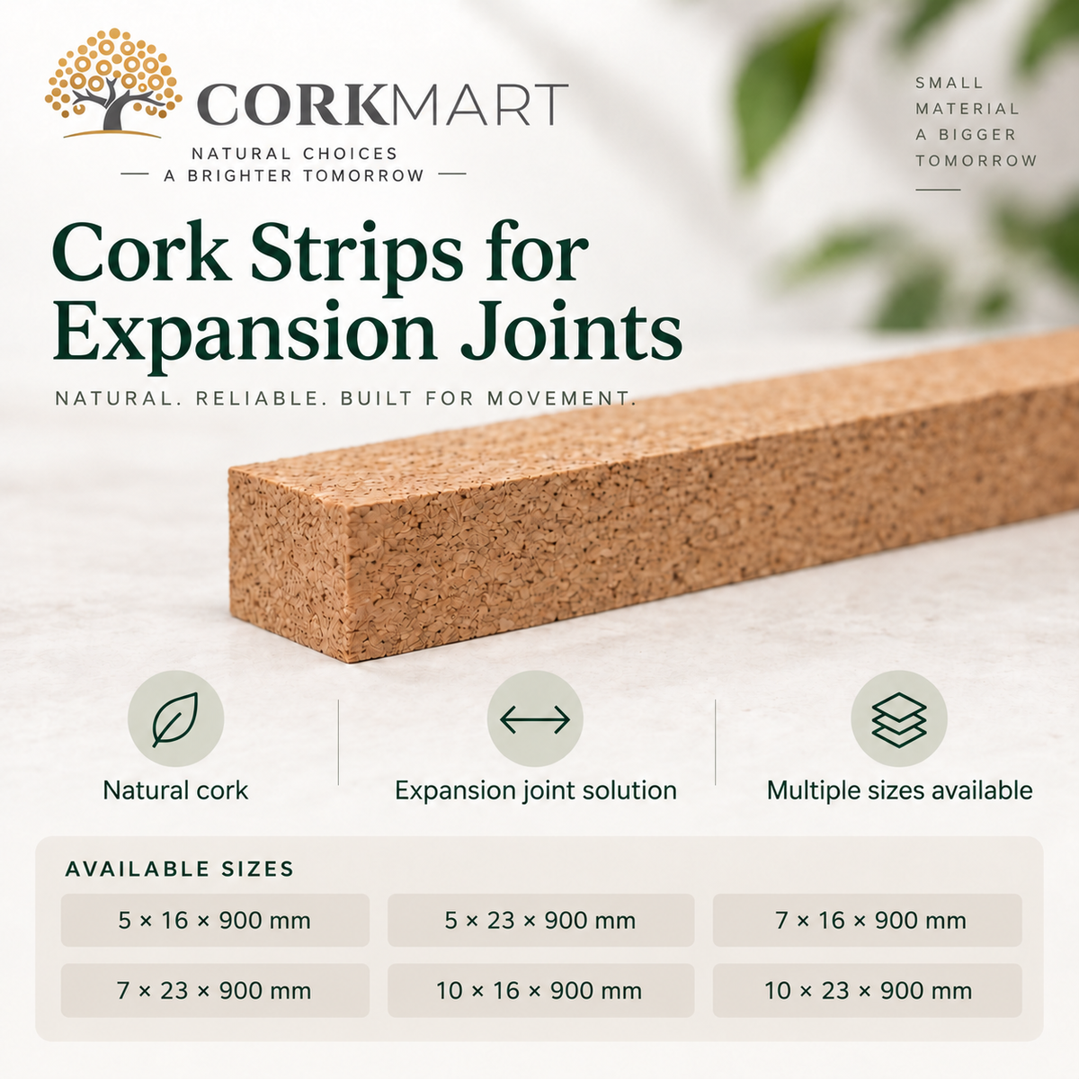 CorkMart infographic for Cork Strips for Expansion Joints with 900 mm lengths