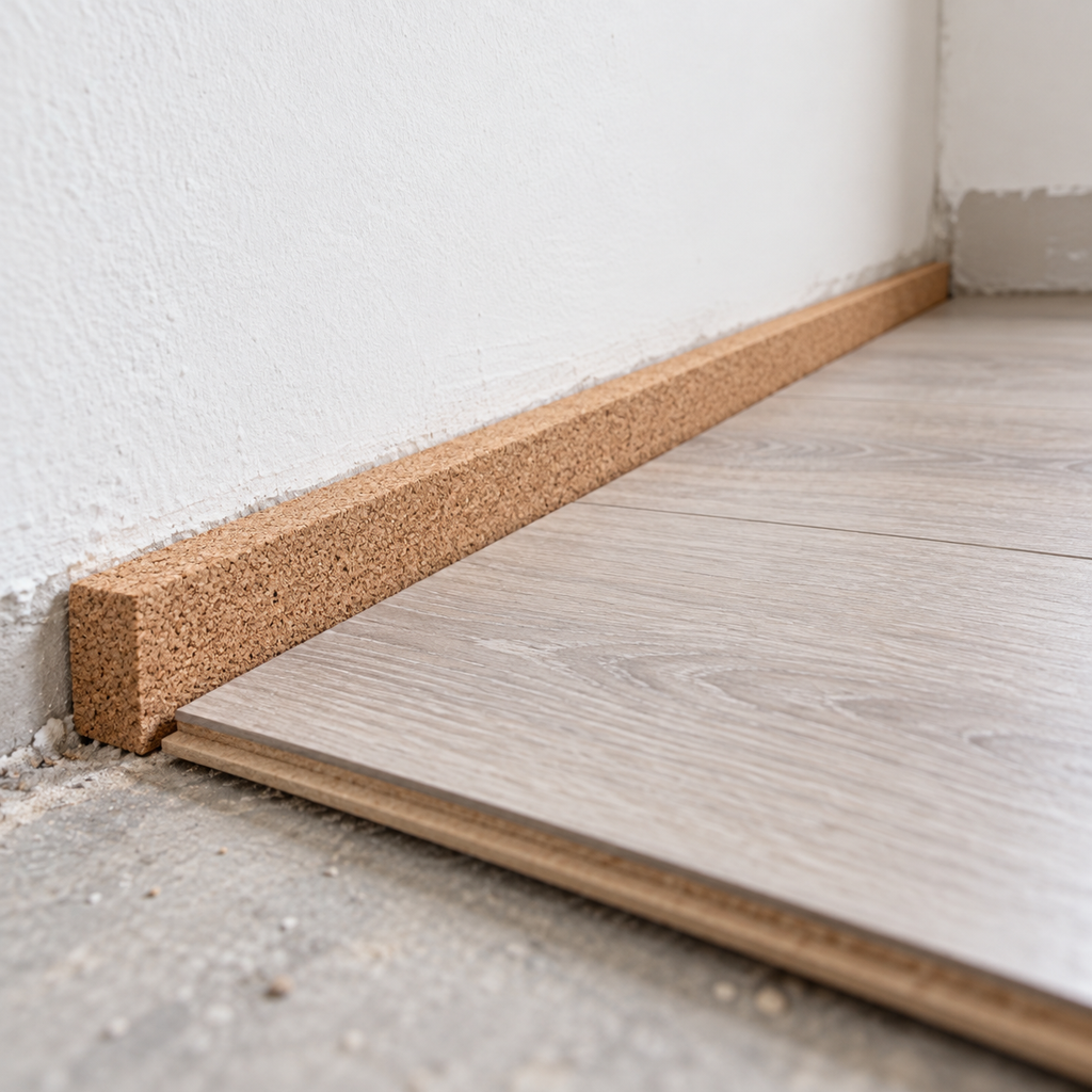 Cork strip used as a perimeter expansion joint in a flooring installation