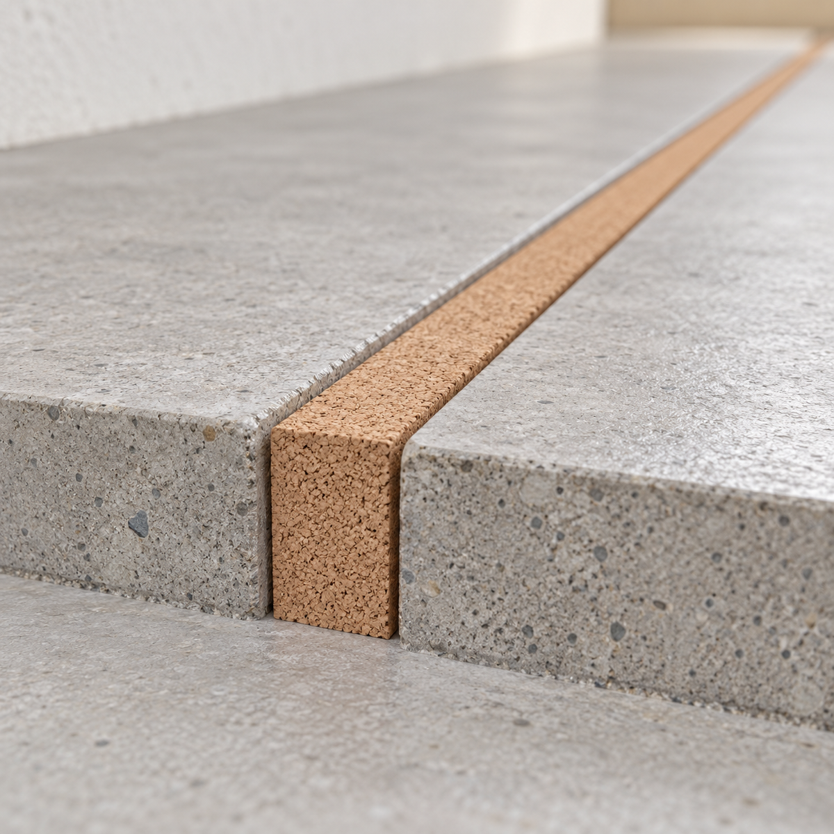 Cork strip installed between flooring sections as an expansion joint