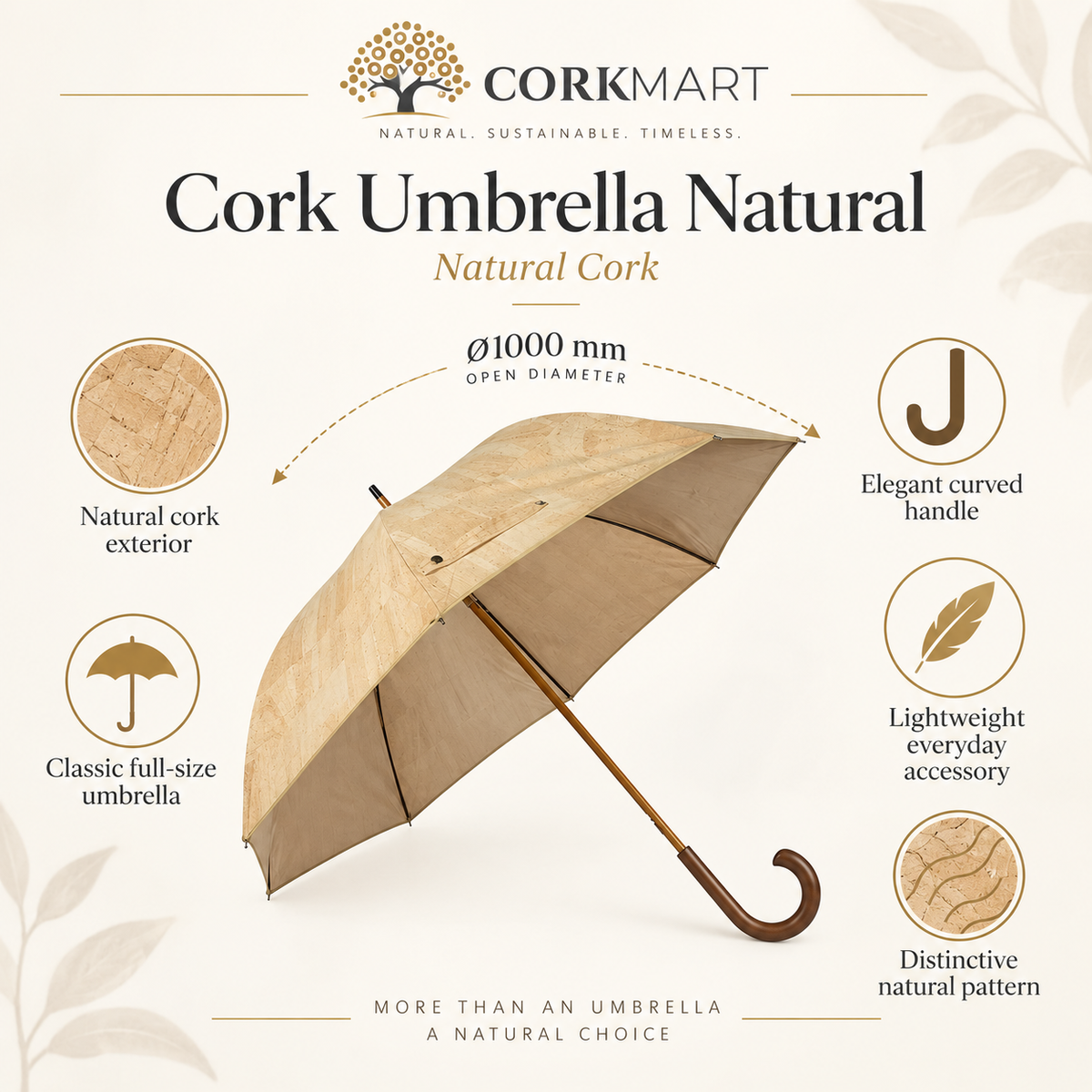 Cork Umbrella Natural infographic with Ø1000 mm diameter and features