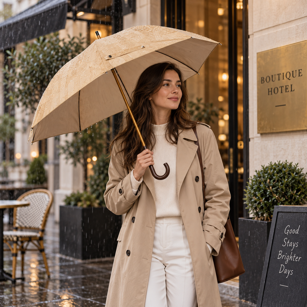 Cork Umbrella Natural in a refined rainy-day urban setting