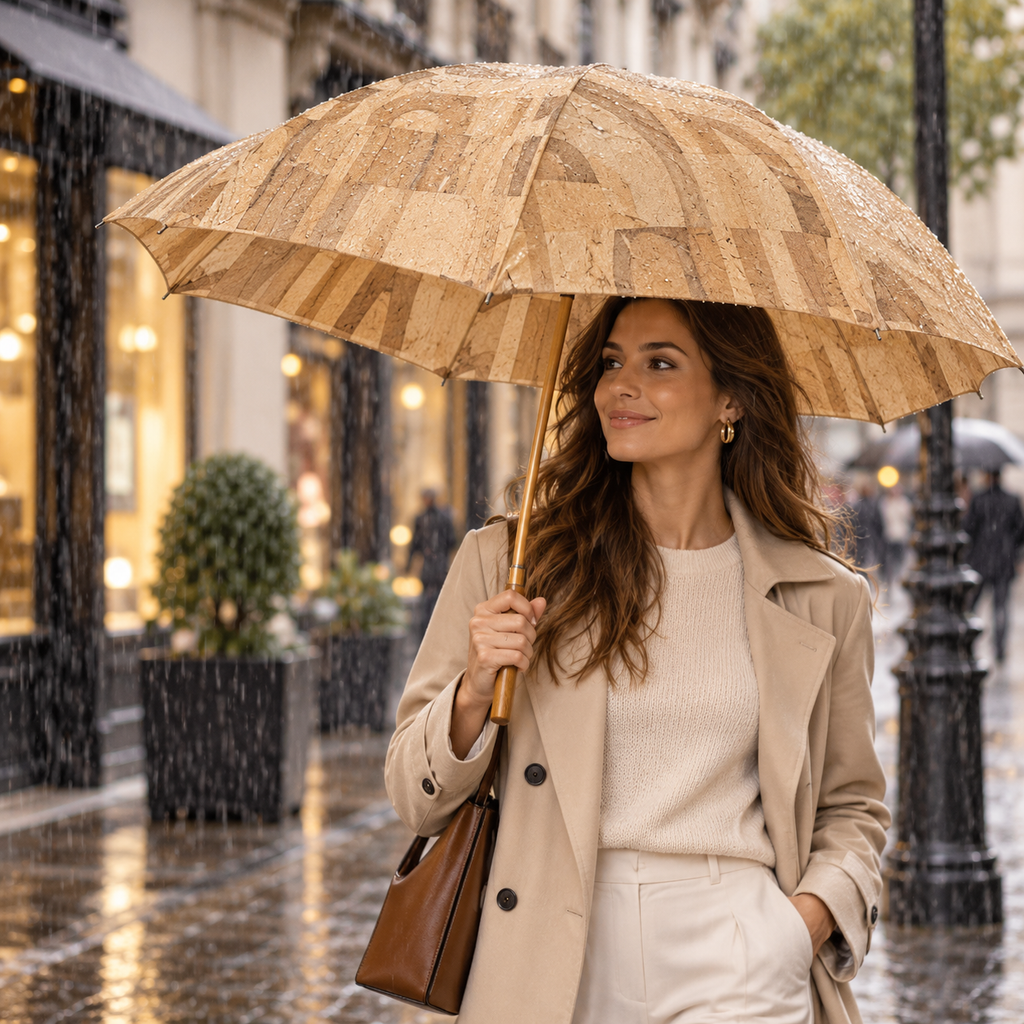 Cork Umbrella Rustic in real rainy-day urban use