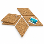 Six Diamond Country cork wall tiles arranged to show shape, thickness, push pins and set quantity