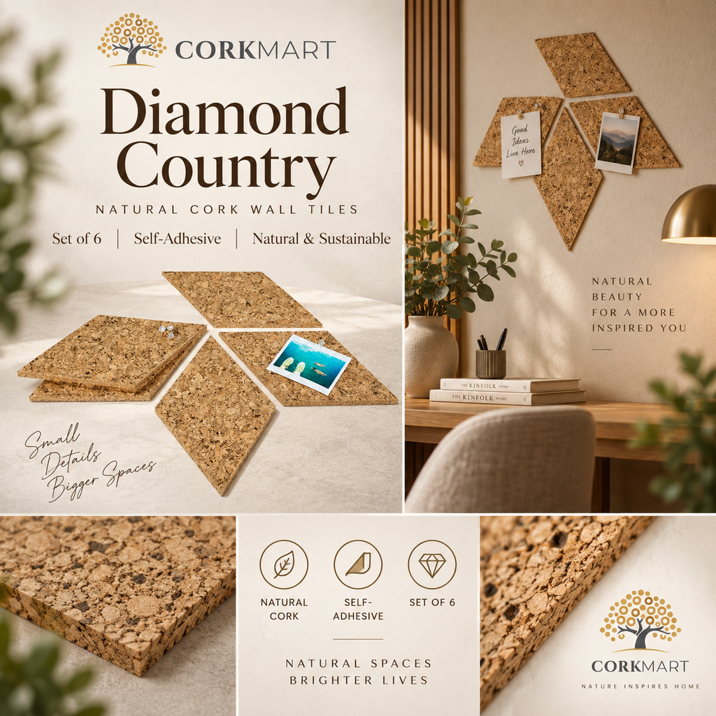 Cork Wall Tiles Diamond Country editorial collage with official CorkMart logo, real use, Country cork texture and self-adhesive set of 6