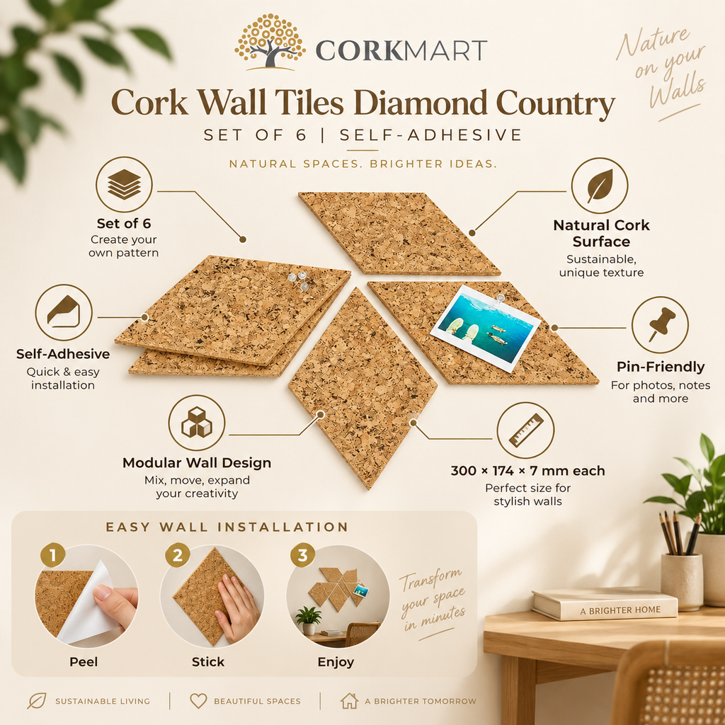 Cork Wall Tiles Diamond Country infographic with official CorkMart logo, set of 6, 300 × 174 × 7 mm, self-adhesive and pin-friendly