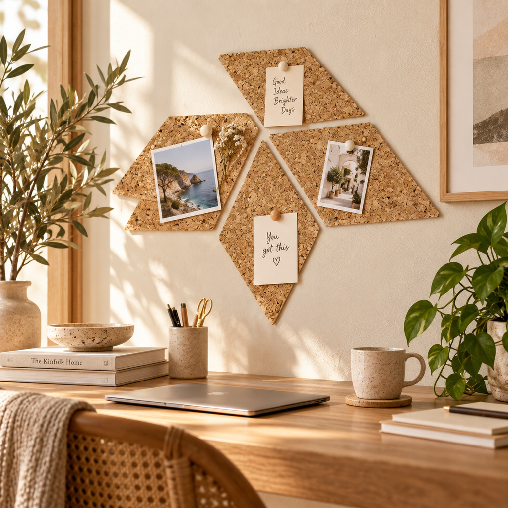 Diamond Country cork wall tiles arranged decoratively in a warm modern workspace