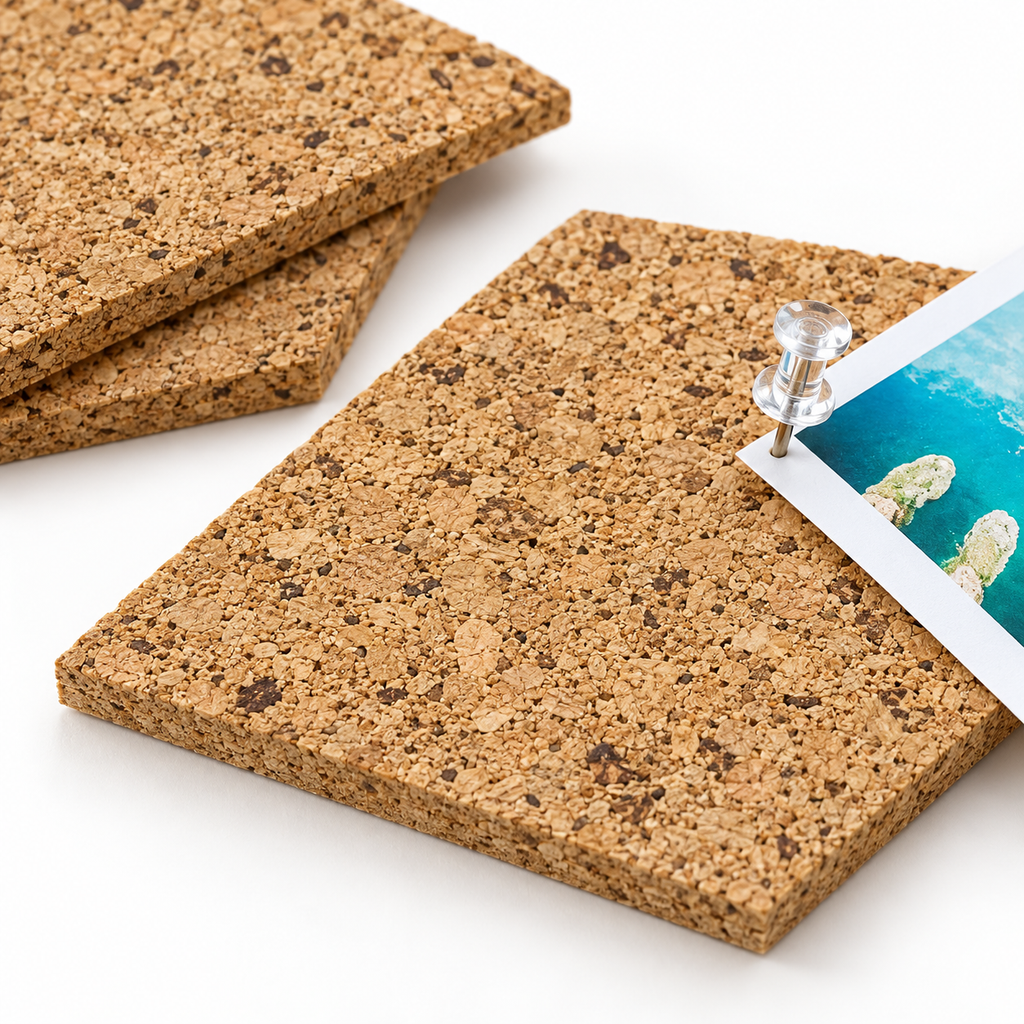 Macro detail of Country cork texture, tile thickness and push pin use