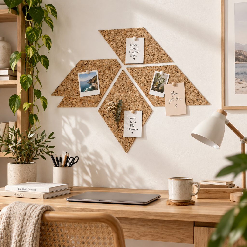 Diamond Country cork wall tiles used as a pin board in a home office