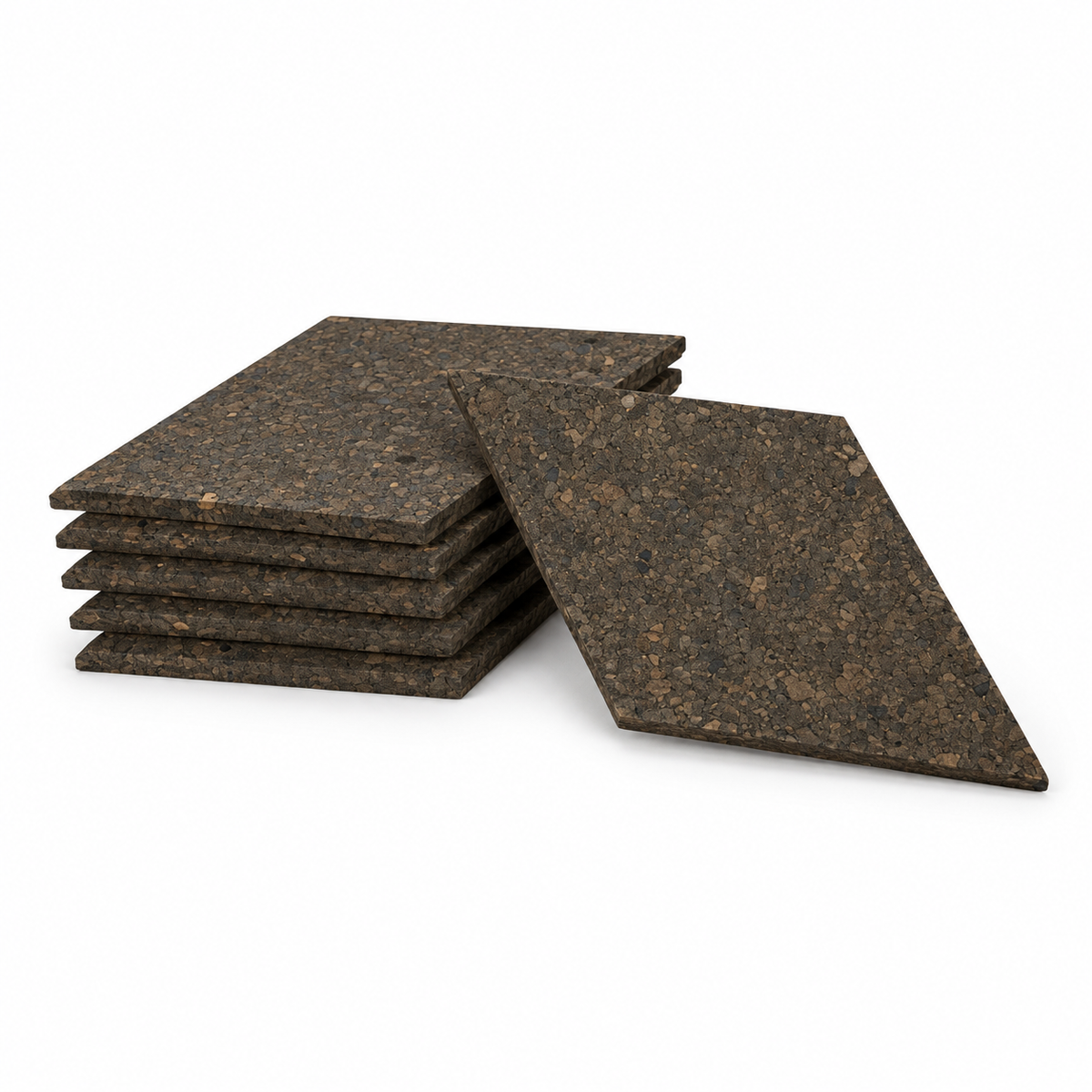 Six Diamond Dark cork wall tiles arranged to show shape, thickness and set quantity