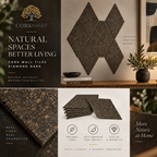 Cork Wall Tiles Diamond Dark editorial collage with official CorkMart logo, real use, dark cork texture and self-adhesive set of 6