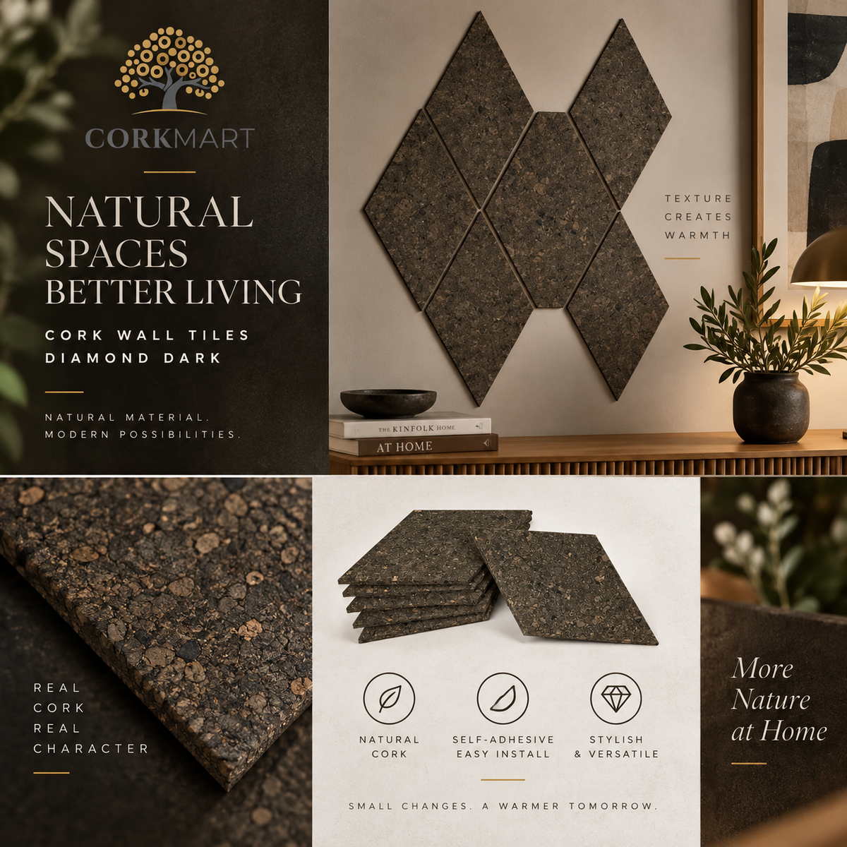 Cork Wall Tiles Diamond Dark editorial collage with official CorkMart logo, real use, dark cork texture and self-adhesive set of 6