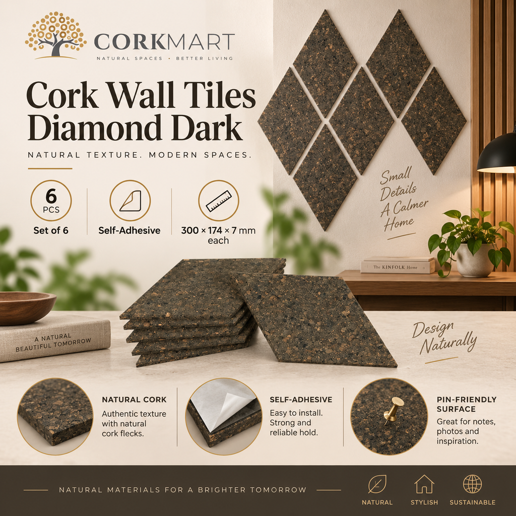 Cork Wall Tiles Diamond Dark infographic with official CorkMart logo, set of 6, 300 × 174 × 7 mm, self-adhesive and pin-friendly