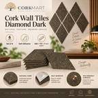 Cork Wall Tiles Diamond Dark infographic with official CorkMart logo, set of 6, 300 × 174 × 7 mm, self-adhesive and pin-friendly