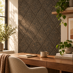 Diamond Dark cork wall tiles arranged decoratively in a warm modern interior